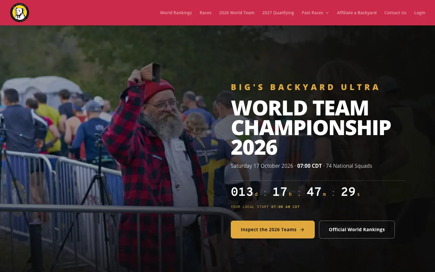 Homepage of bigsbackyardultra.com, October 2026: the World Team Championship countdown