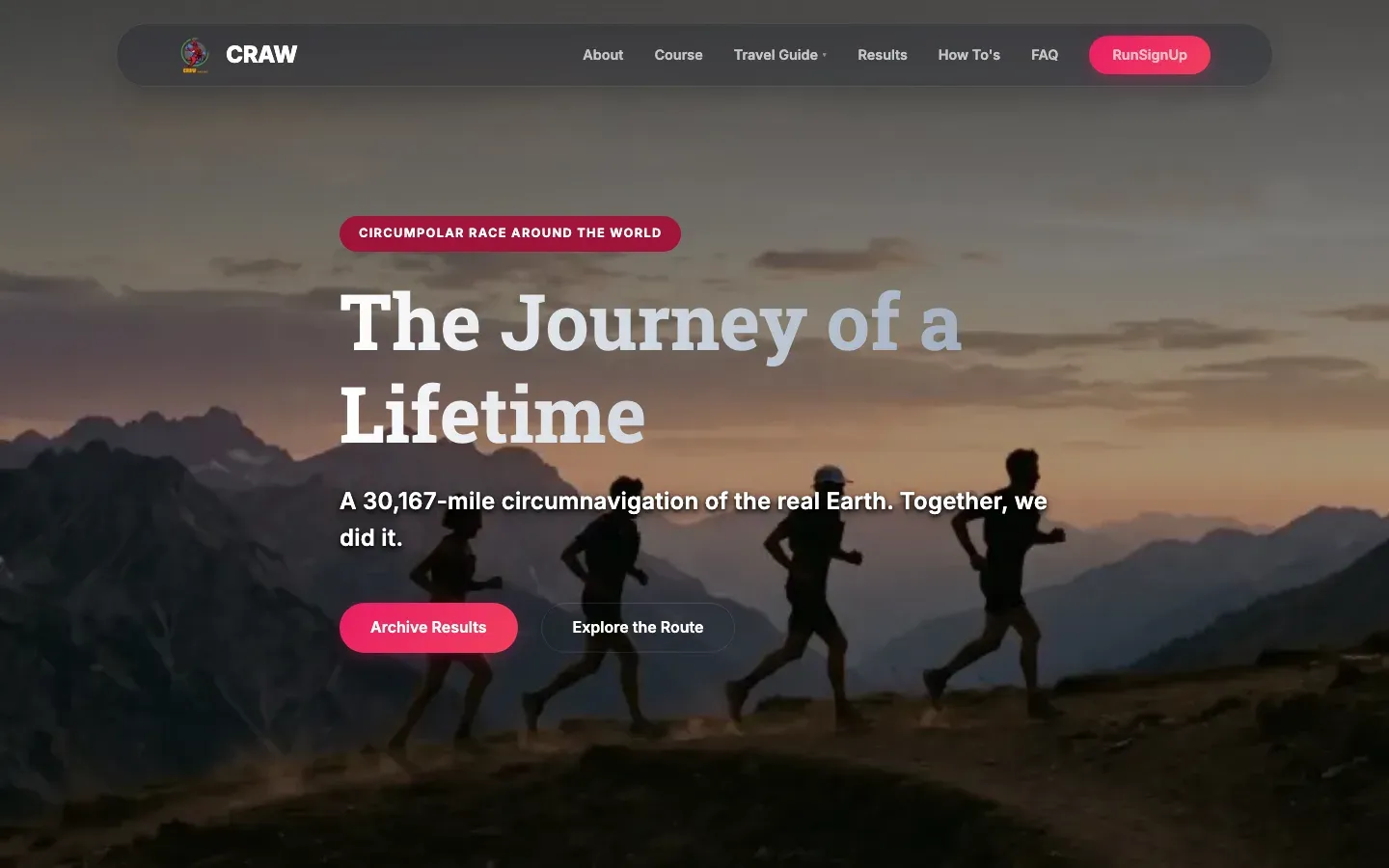 Homepage of craw.racing, October 2026: the archive of the four-year race around the world