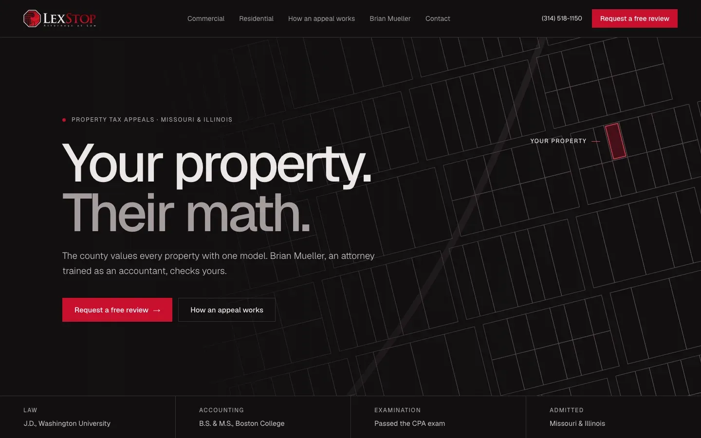 Homepage of lexstop.com, October 2026: Your property. Their math.