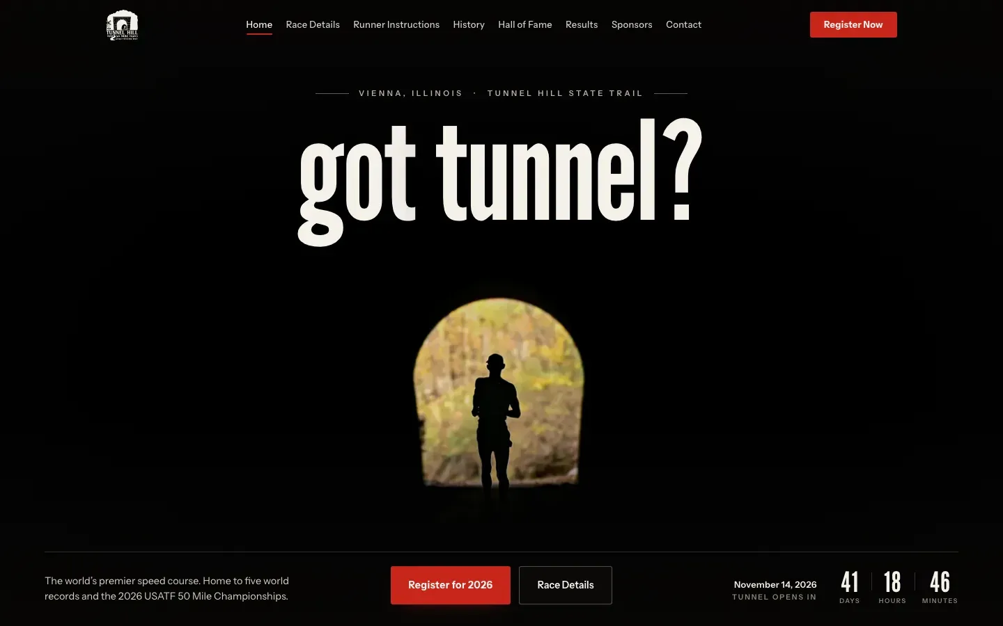Homepage of tunnelhill100.com, October 2026: a runner silhouetted in the tunnel under the words got tunnel?